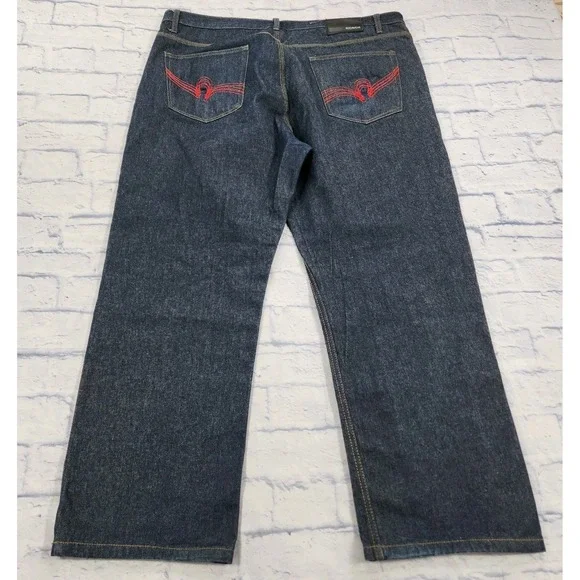 Rocawear MENS 42X30 Blue Denim Pants Baggy Gruge Emo Embroidered VINTAGE Y2K